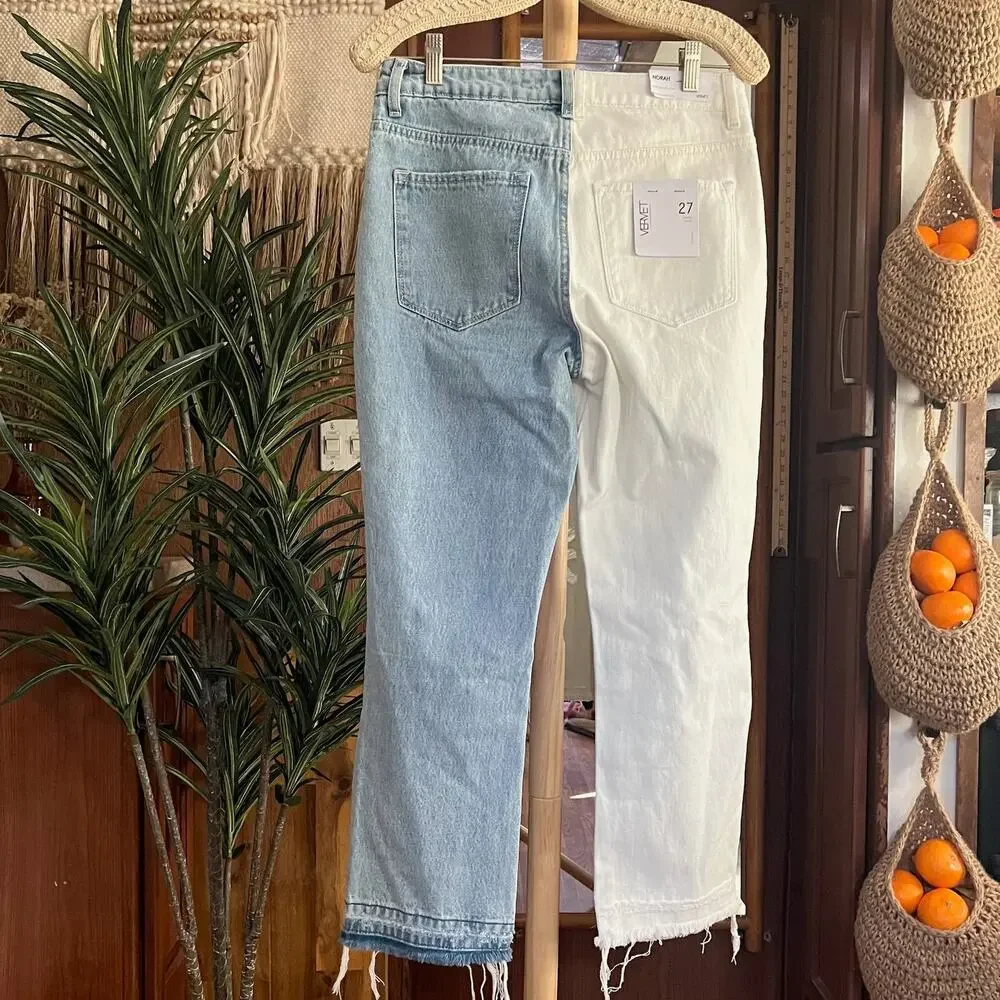 VERVET Norah Crossover Fly Colorblock Jeans 27 High Rise Straight Two Tone NWT - Picture 5 of 12